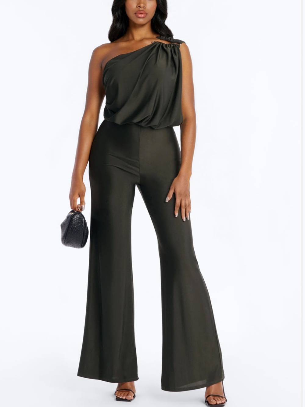 Fashion Nova One-Shoulder Olive Green Wide Leg Jumpsuit